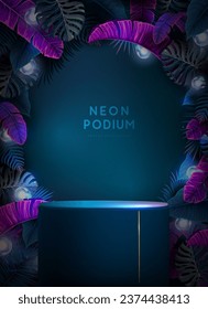 Fluorescent neon showcase background with 3d podium and tropic leaves.  Summer nature concept. Vector illustration
