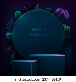Fluoreszierender Neon zeigt Hintergrund mit 3D-Podium und tropischen Blättern.  Sommernaturkonzept. Vektorgrafik