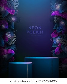 Fluorescent neon showcase background with 3d podium and tropic leaves.  Summer nature concept. Vector illustration
