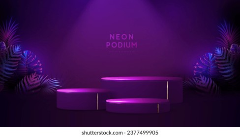 Fluorescent neon showcase background with 3d podium and tropic leaves.  Summer nature concept. Vector illustration