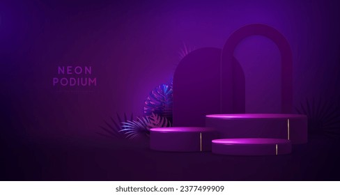 Fluorescent neon showcase background with 3d podium and tropic leaves.  Summer nature concept. Vector illustration