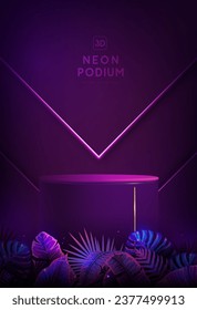 Fluorescent neon showcase background with 3d podium and tropic leaves.  Summer nature concept. Vector illustration