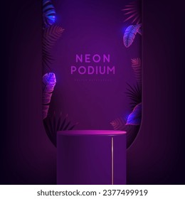 El fondo del neón fluorescente se exhibe con hojas tridimensionales y trópicas.  Concepto de naturaleza veraniega. Ilustración del vector