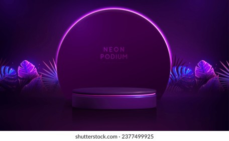 El fondo del neón fluorescente se exhibe con hojas tridimensionales y trópicas.  Concepto de naturaleza veraniega. Ilustración del vector