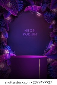 El fondo del neón fluorescente se exhibe con hojas tridimensionales y trópicas.  Concepto de naturaleza veraniega. Ilustración del vector
