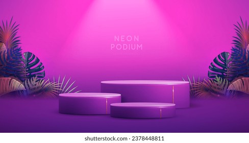 El fondo del neón fluorescente se exhibe con hojas tridimensionales y trópicas.  Concepto de naturaleza veraniega. Ilustración del vector