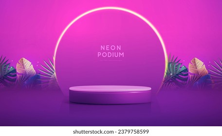 El fondo del neón fluorescente se exhibe con hojas tridimensionales y trópicas.  Concepto de naturaleza veraniega. Ilustración del vector