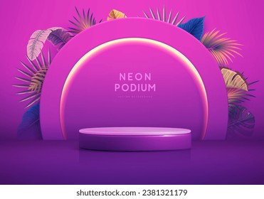 Fluorescent neon showcase background with 3d podium and tropic leaves.  Summer nature concept. Vector illustration