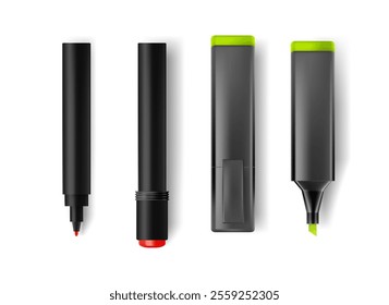 Fluorescent pens of different colors. Vector isolated set of realistic highlighters for drawing and highlighting in documents. Felt-tip markers or pencils for artists, school and office supplies