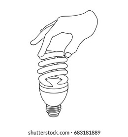 Fluorescent, saving light bulb in hand. Electric lamp single icon in outline style vector symbol stock illustration web.