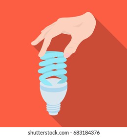 Fluorescent, saving light bulb in hand. Electric lamp single icon in flat style vector symbol stock illustration web.