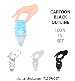 Fluorescent, saving light bulb in hand. Electric lamp single icon in cartoon style vector symbol stock illustration web.