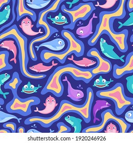 Fluorescent, seamless vector pattern of marine, cartoon animals. Neon drawn outline. Underwater animals. Whale, shark, dolphin. Undersea world. Background for printing, packaging, wallpaper, textiles