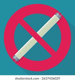 Fluorescent tube with a circular red strikethrough prohibition symbol on a blue background with long shadow in flat design style
