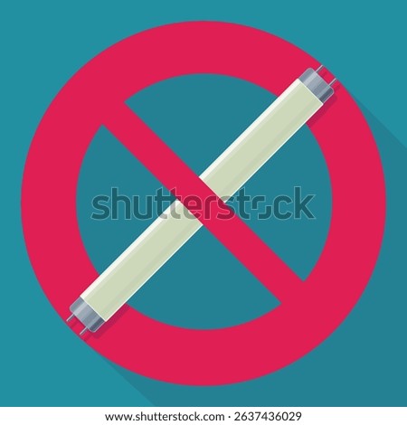 Fluorescent tube with a circular red strikethrough prohibition symbol on a blue background with long shadow in flat design style
