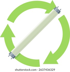 Fluorescent tube with a green circular symbol of three recycling arrows in a flat design style (cut out)