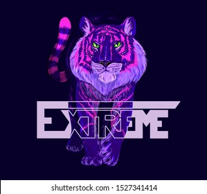 Fluorescent walking tiger with shiny green eyes, purple and pink fur, dark blue background. The word EXTREME is placed over illustration. Hand drawn vector illustration, perfect apparel design, poster