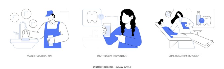 Fluoridation of drinking water abstract concept vector illustration set. Water fluoridation, tooth decay prevention, oral health improvement, public health medicine abstract metaphor.