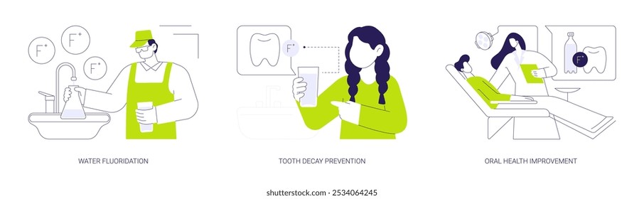 Fluoridation of drinking water abstract concept vector illustration set. Water fluoridation, tooth decay prevention, oral health improvement, public health medicine abstract metaphor.