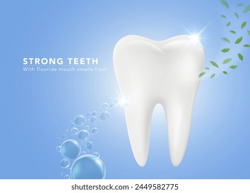 Fluorid überzieht die Zähne, sorgt für einen frischen Mundgeruch und fördert eine gute Mundhygiene. Werbemittel für Zahnpasta, Mundwasser, Zahnkliniken. Realistische Illustration Vektorgrafik Datei.