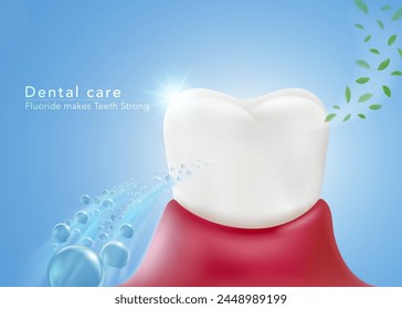 El flúor hace que tus dientes sean fuertes y tu boca huela fresca. Ilustración vectorial para publicidad de pasta dental, enjuague bucal, cepillos de dientes, clínicas dentales.