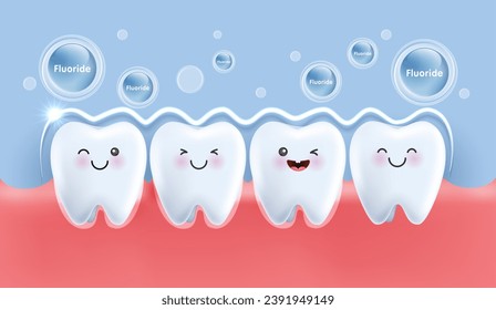Fluoride shield prevents teeth decay and helps strengthen gums. teeth character for kids. cute dentist mascot for medical apps, websites and hospital. vector design.