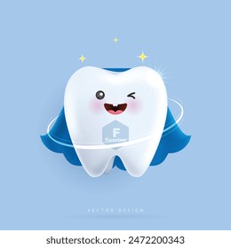 Fluoride shield prevents tooth decay and helps strengthen gums. tooth character for kids. cute dentist mascot for medical apps, websites and hospital. vector design.