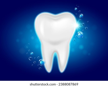 Fluoride and water bubbles float around the teeth. Tooth enamel white, clean and strong. Prevent tooth decay. Realistic vector illustration.