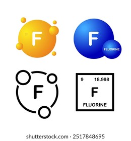 Fluorine chemical element. F, or Fluorine sign in a periodic table. Vector set. Chemistry and scientific research concept