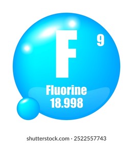 Ícone do elemento flúor. Número atômico 9. Massa atômica 18.998. Forma esférica azul.