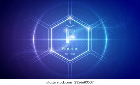 Fluorine (F) (009) Nonmetal, Halogen - Fundamental Element Futuristic Neon Light Glow Hexagon Block Grid Background Design - Periodic Table, Chemical Symbol, Name, Atomic Mass, Atomic Number