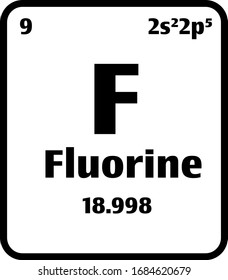 Fluorine (F) button on black and white background on the periodic table of elements with atomic number or a chemistry science concept or experiment.	