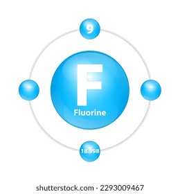 Fluorine (F) Icon structure chemical element round shape circle light blue with surround ring. Period number shows of energy levels of electron. Study science for education. 3D Illustration vector.