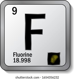Fluorine or F periodic table element icon on silver metallic button vector illustration. 3d sticker with soft shadow for chemical product label or digital web page graphic design element.