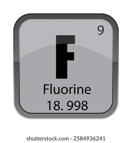 Fluorine F tile. 9 nine atomic. 18.998 mass detail. Gray chemistry icon.