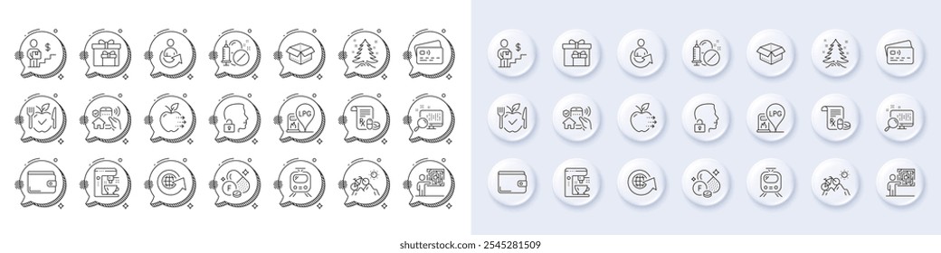 Fluorine mineral, Coffee maker and Food delivery line icons. White pin 3d buttons, chat bubbles icons. Pack of Christmas tree, Money wallet, House security icon. Vector