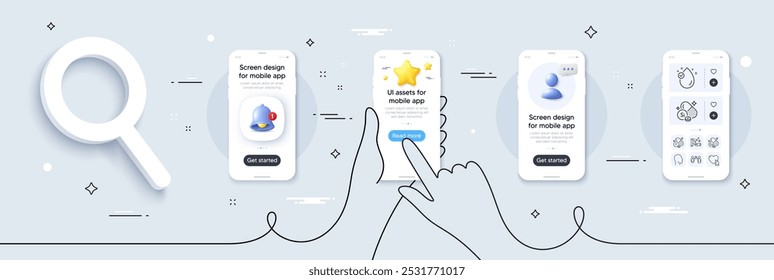 Fluorine mineral, Copper mineral and Vitamin e line icons pack. Phone screen mockup with 3d star, alert and chat message. Volunteer, Head, Washing hands web icon. Social distancing pictogram. Vector