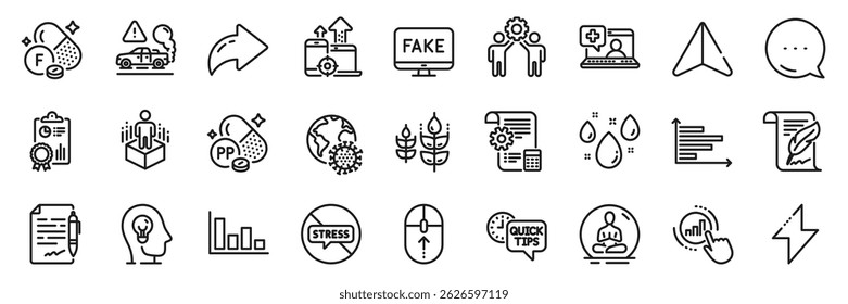 Fluorine mineral, Histogram and Exhaust line icons pack. Share, Message, Paper plane icons. Rainy weather, Inspect, Agreement document web icon. Vector