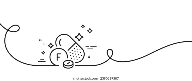 Fluorine mineral line icon. Continuous one line with curl. Chemical element F sign. Capsule or pill symbol. Fluorine mineral single outline ribbon. Loop curve pattern. Vector