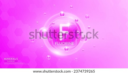 Fluorine minerals inside pink bubble floating in the air. Vitamins complex essential supplement to the health care. For food  nutrition and medicine. Science medical concept. Banner 3D vector.