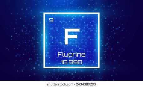 Flúor. Elemento de tabla periódica con símbolo F. Tarjeta de elemento químico con número y peso atómico. Diseño para Educación, Laboratorio, Clase de Ciencias. Ilustración vectorial.