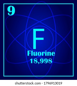 Fluorine simple style tile icon. Chemical element of periodic table. Atom on a blue background
