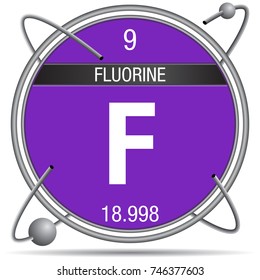Fluorine symbol  inside a metal ring with colored background and spheres orbiting around. Element number 9 of the Periodic Table of the Elements - Chemistry 