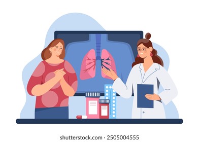 Fluorographic examination concept. Doctor in uniform and woman near Xray of lungs. Healthcare and medicine. Pulmonologist examines respiratory system and bronhi. Flat vector illustration