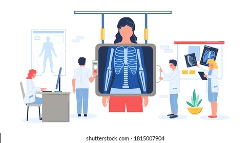Fluorography exam of patient female in hospital flat vector illustration. Doctor, medical professional doing fluorography or chest xray screening. Roentgen photography, chest radiography, lungs health