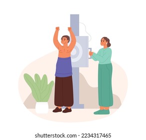 Fluorography lungs checkup procedure. Doctor radiologist doing chest xray screening of patient, analyzing fluoroscopy images. Roentgen photography, chest radiography. Cartoon flat vector illustration