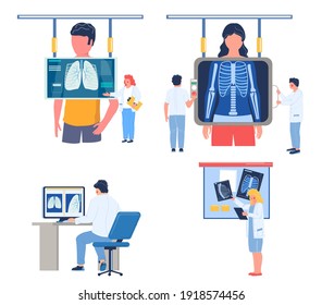 Fluorography lungs checkup procedure set, flat vector illustration. Doctor radiologist doing fluorography or chest xray screening, analysing fluoroscopy images. Roentgen photography, chest radiography