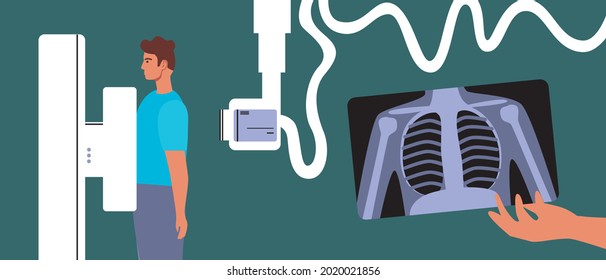 Fluorography room, X-ray examination of the patient. Flat vector stock illustration. X-ray machine. Scanning the patient's lungs. Radiograph for scanning. Medical radiology. Vector graphics