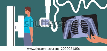 Fluorography room, X-ray examination of the patient. Flat vector stock illustration. X-ray machine. Scanning the patient's lungs. Radiograph for scanning. Medical radiology. Vector graphics 商業照片 © 