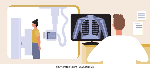 Fluorography room, X-ray scanning of the lungs. Flat vector stock illustration. X-ray machine. Scanning the patient's lungs. X-ray examination. The doctor is at the computer. Vector graphics